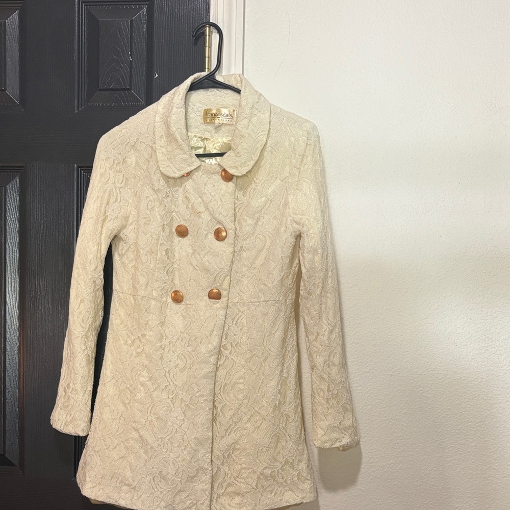 Francesca's Collection Ivory Lace Pea Coat with Gold Buttons